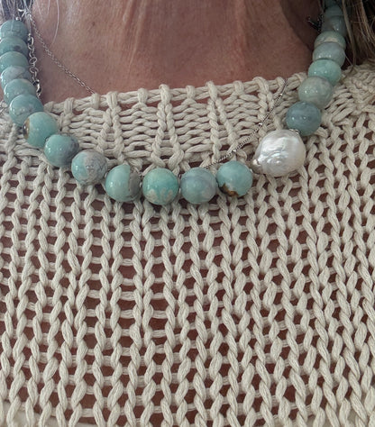 Dragonskin agates with baroque pearl short necklace.