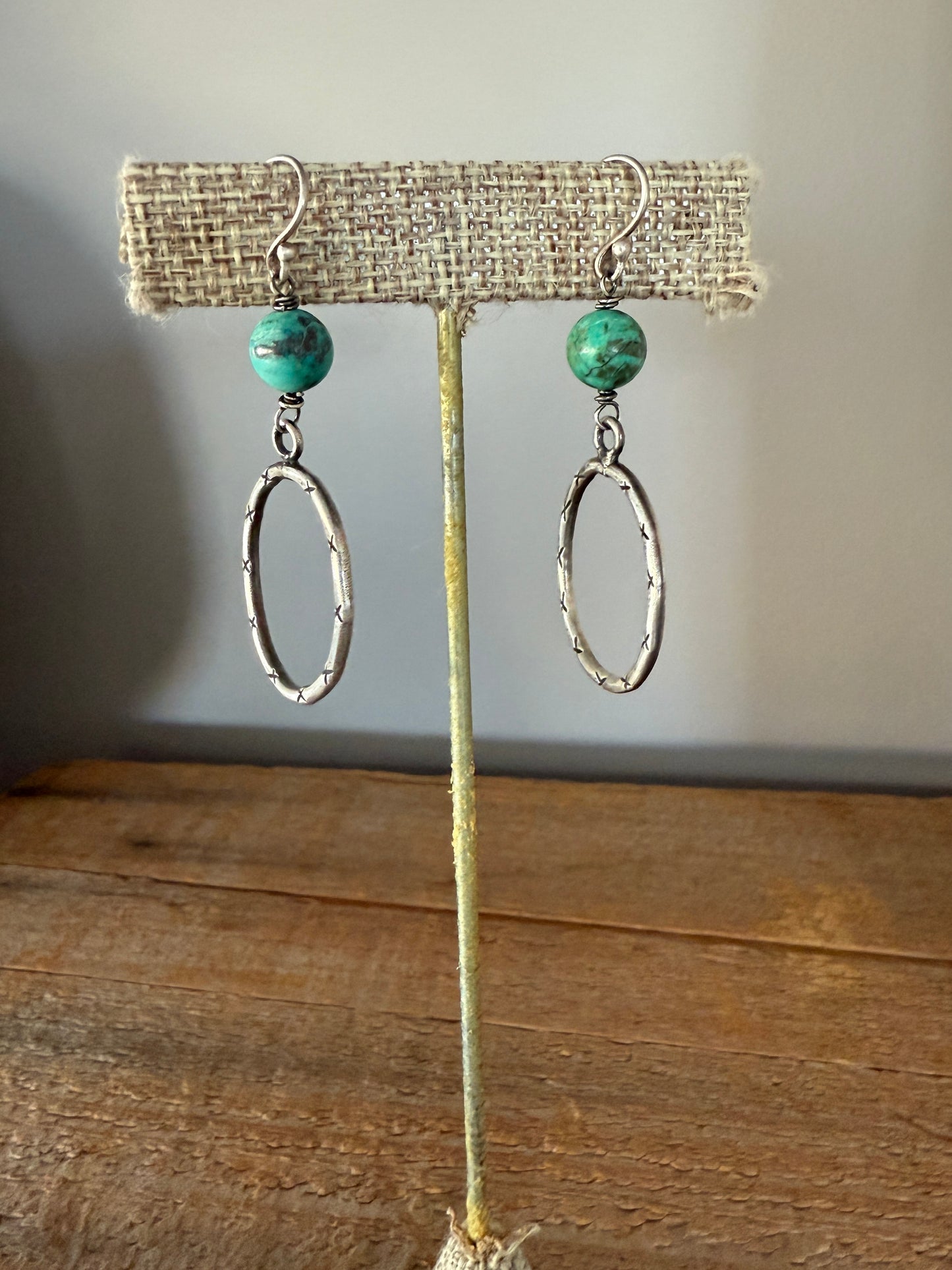 Handmade fine silver hoop earrings with turquoise