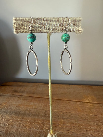 Handmade fine silver hoop earrings with turquoise