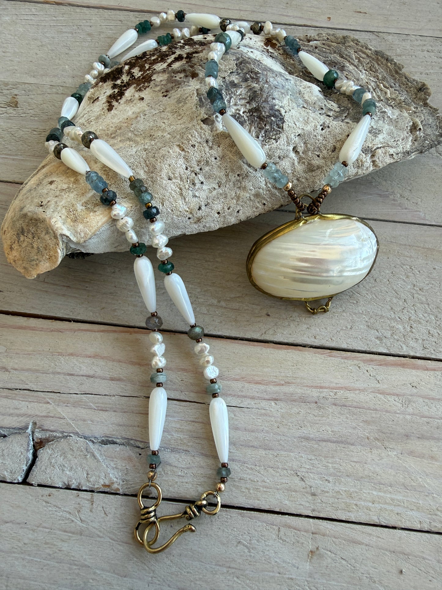 Vintage shell ring box pendant with MOP, pearls, aquamarine, apatite, and pyrite necklace.