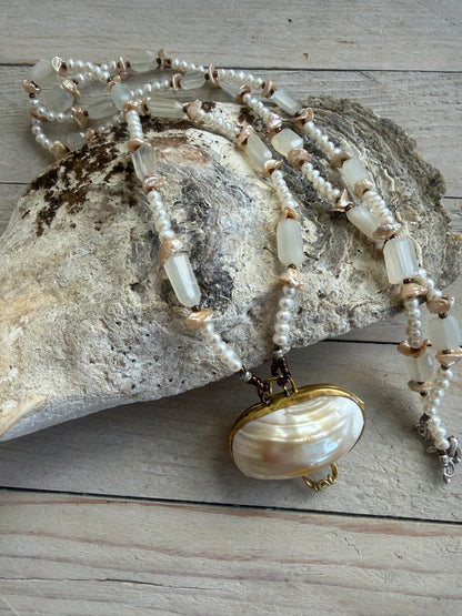White shell pendant with moonstone and natural pearl necklace.