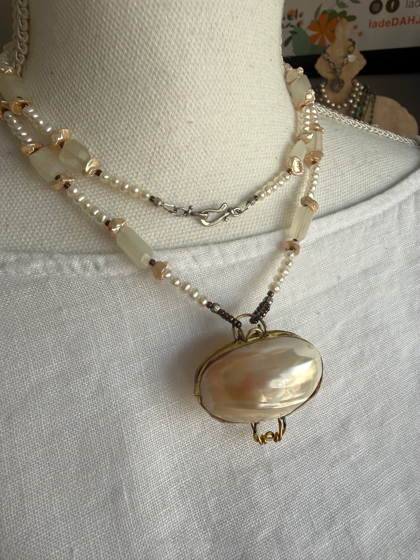 White shell pendant with moonstone and natural pearl necklace.