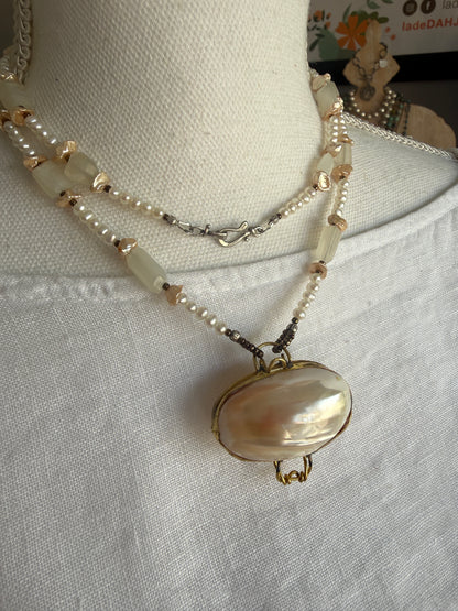 White shell pendant with moonstone and natural pearl necklace.