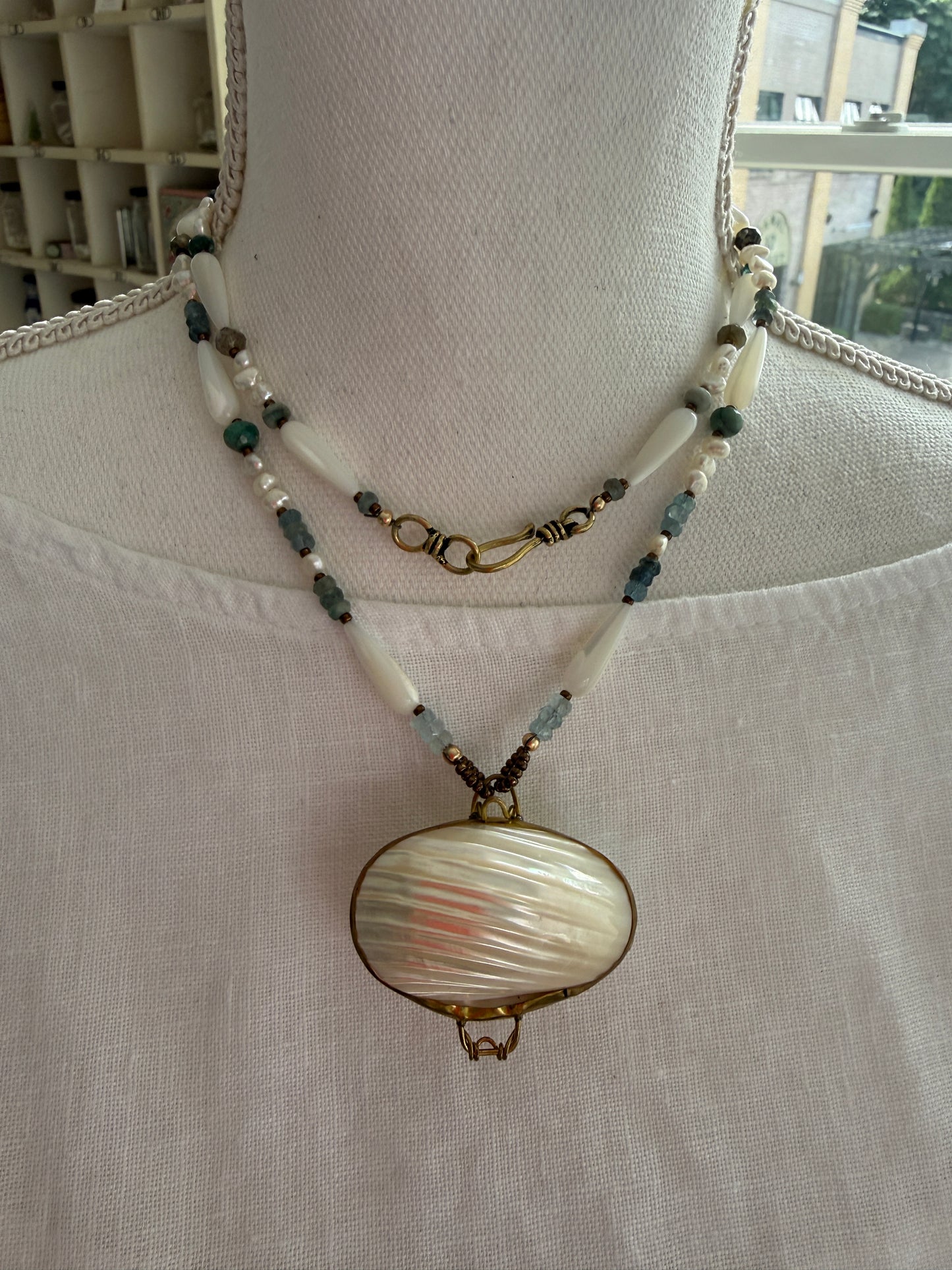 Vintage shell ring box pendant with MOP, pearls, aquamarine, apatite, and pyrite necklace.