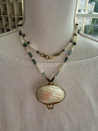 Vintage shell ring box pendant with MOP, pearls, aquamarine, apatite, and pyrite necklace.