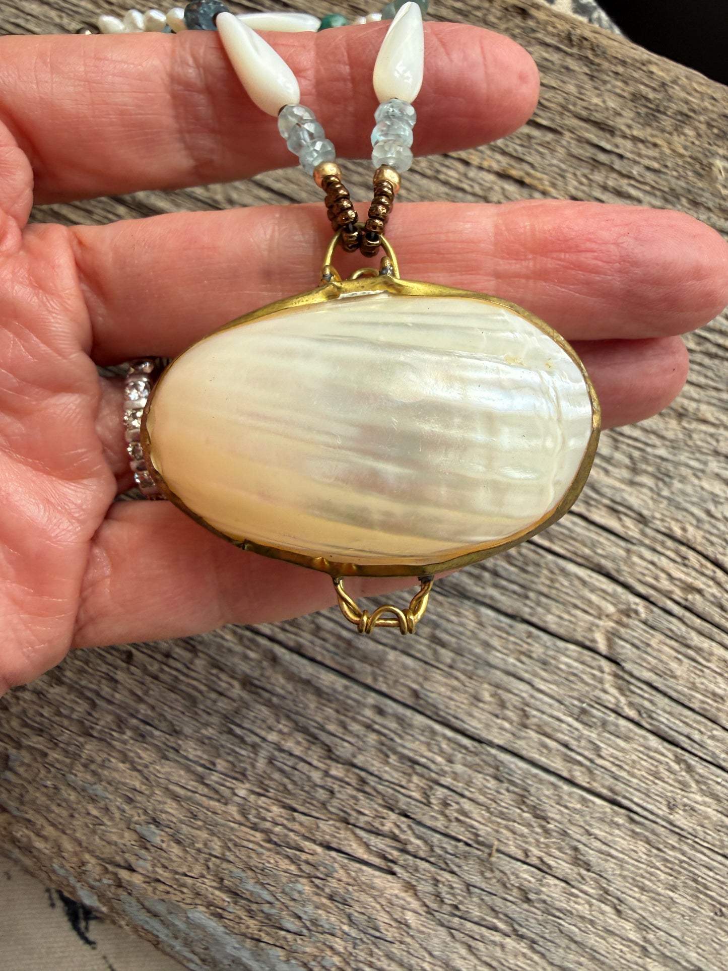 Vintage shell ring box pendant with MOP, pearls, aquamarine, apatite, and pyrite necklace.