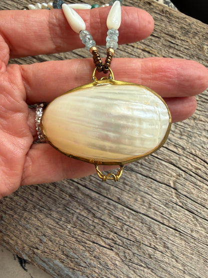 Vintage shell ring box pendant with MOP, pearls, aquamarine, apatite, and pyrite necklace.