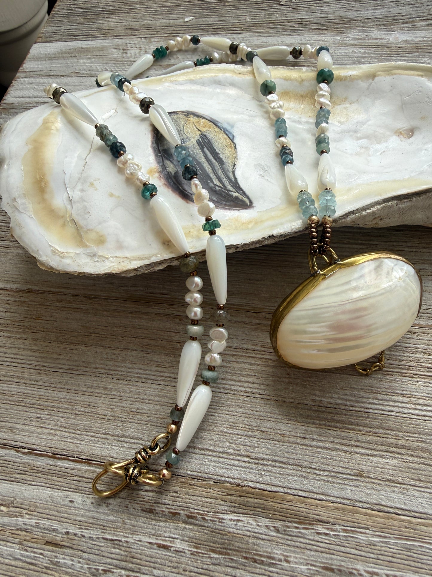 Vintage shell ring box pendant with MOP, pearls, aquamarine, apatite, and pyrite necklace.
