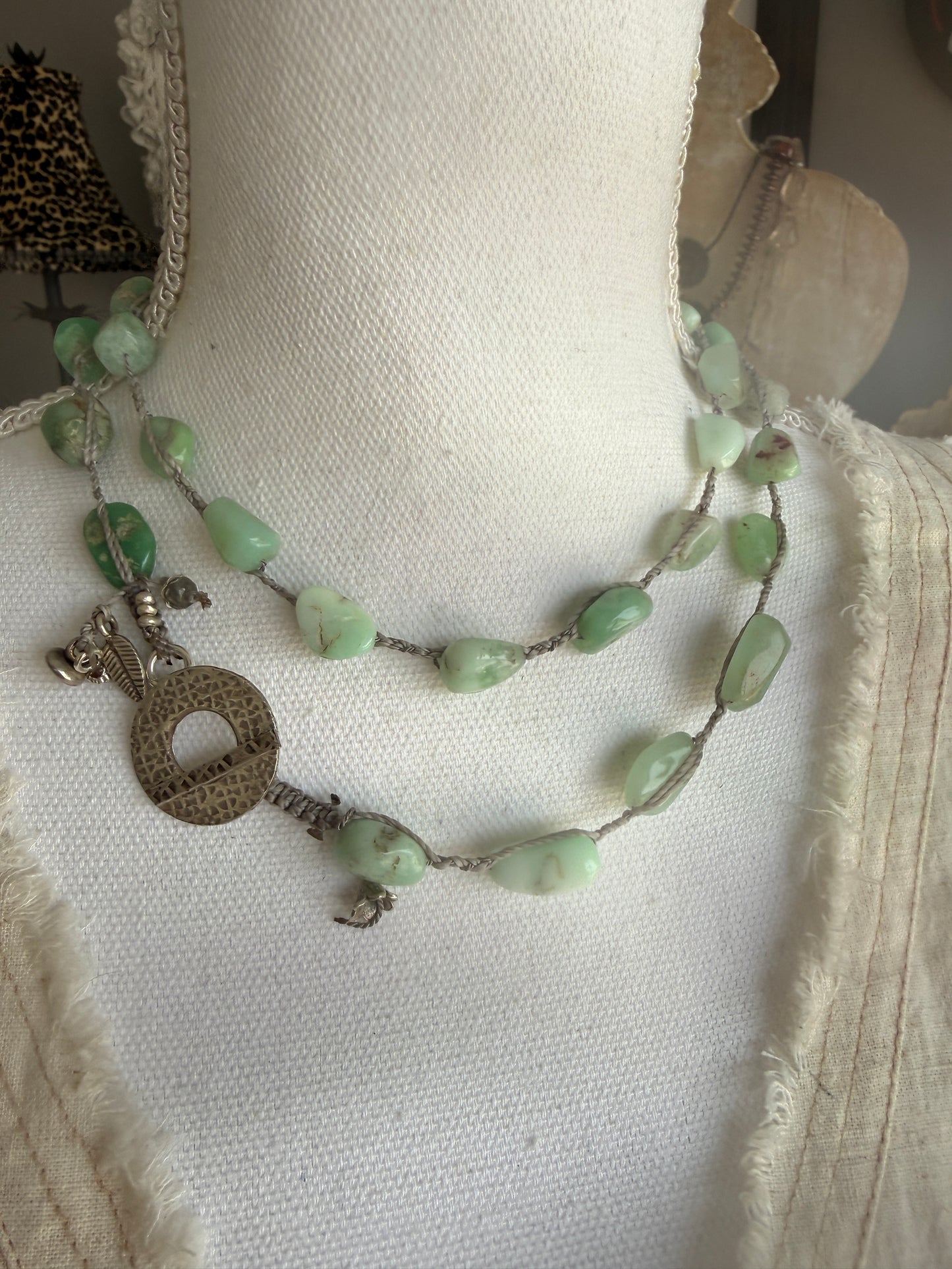 Long braided chrysoprase necklace with fine silver hammered toggle.