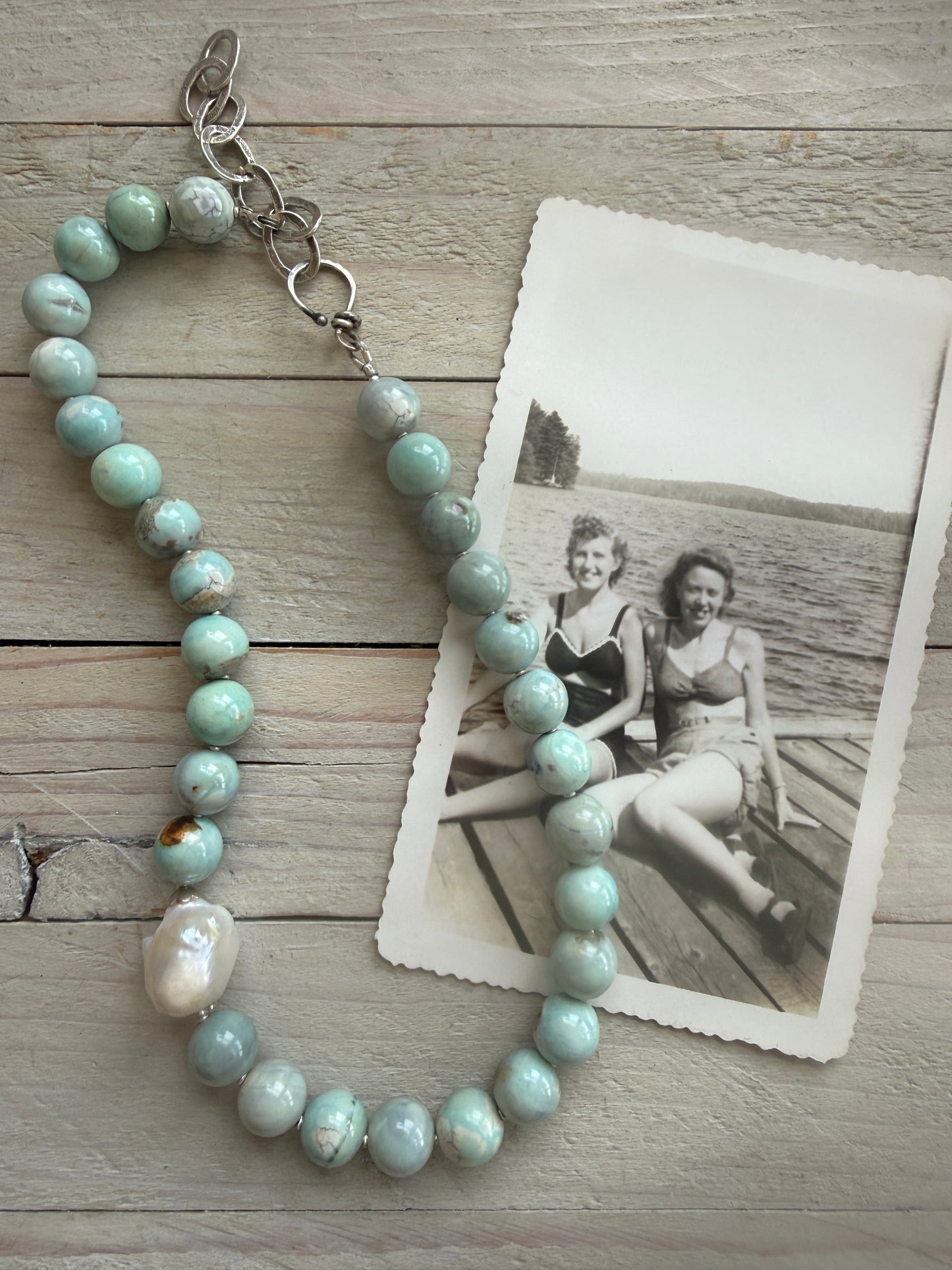 Dragonskin agates with baroque pearl short necklace.