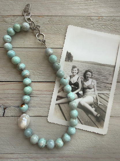 Dragonskin agates with baroque pearl short necklace.