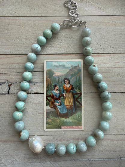 Dragonskin agates with baroque pearl short necklace.