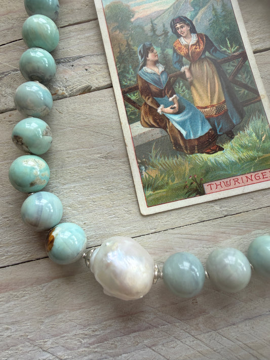 Dragonskin agates with baroque pearl short necklace.