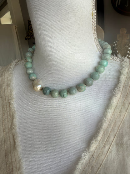 Dragonskin agates with baroque pearl short necklace.
