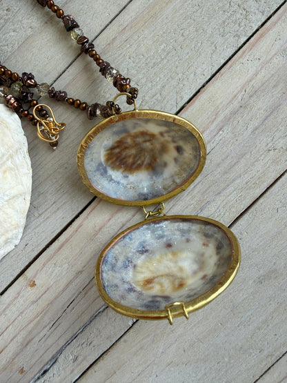 Shell “purse” on brown pearls and Czech glass necklace.