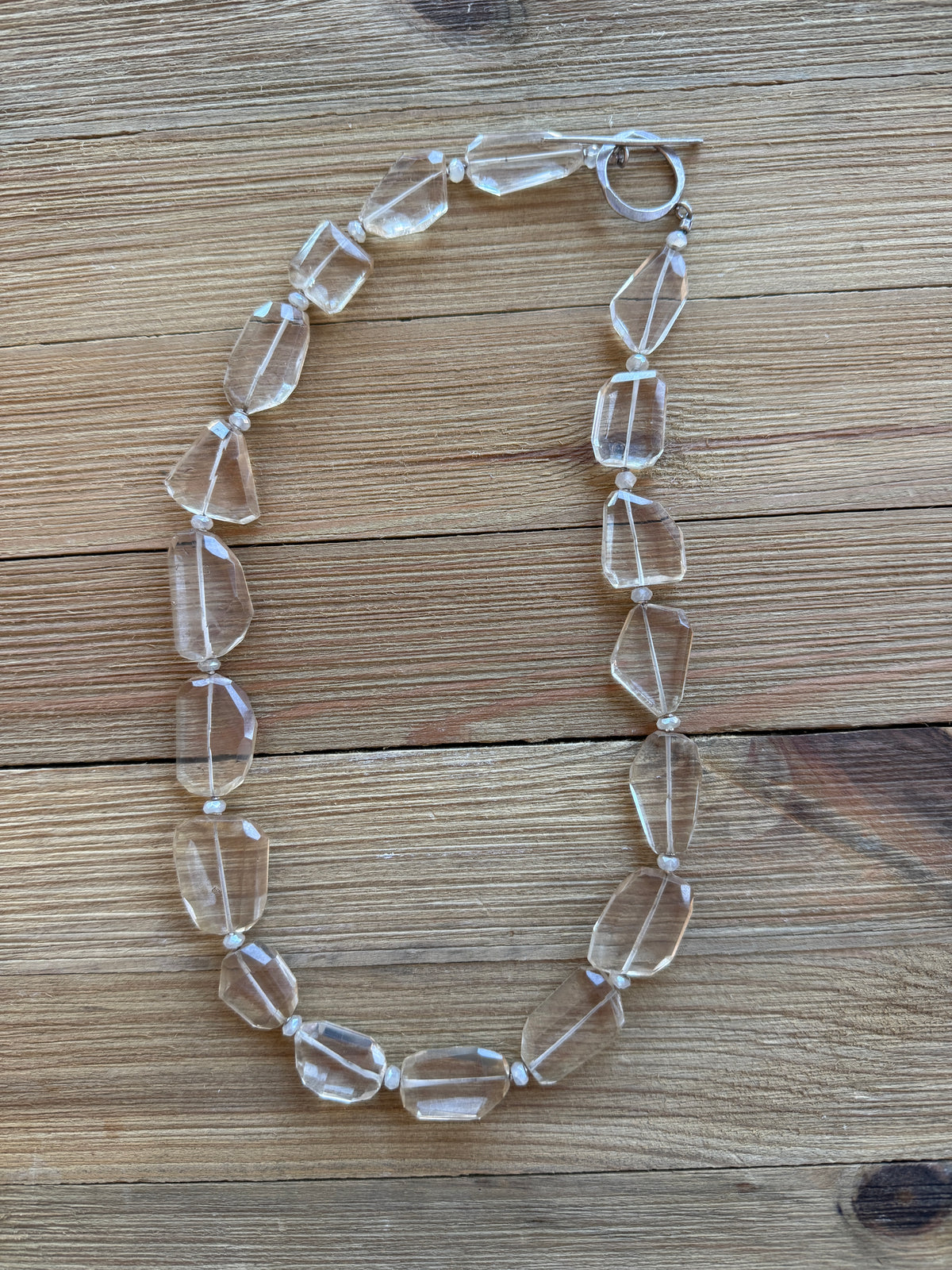 Clear quartz necklace with faceted moonstone spacers fine silver toggle.