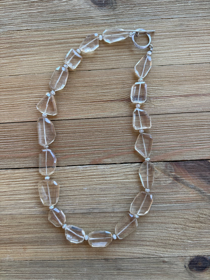 Clear quartz necklace with faceted moonstone spacers fine silver toggle.