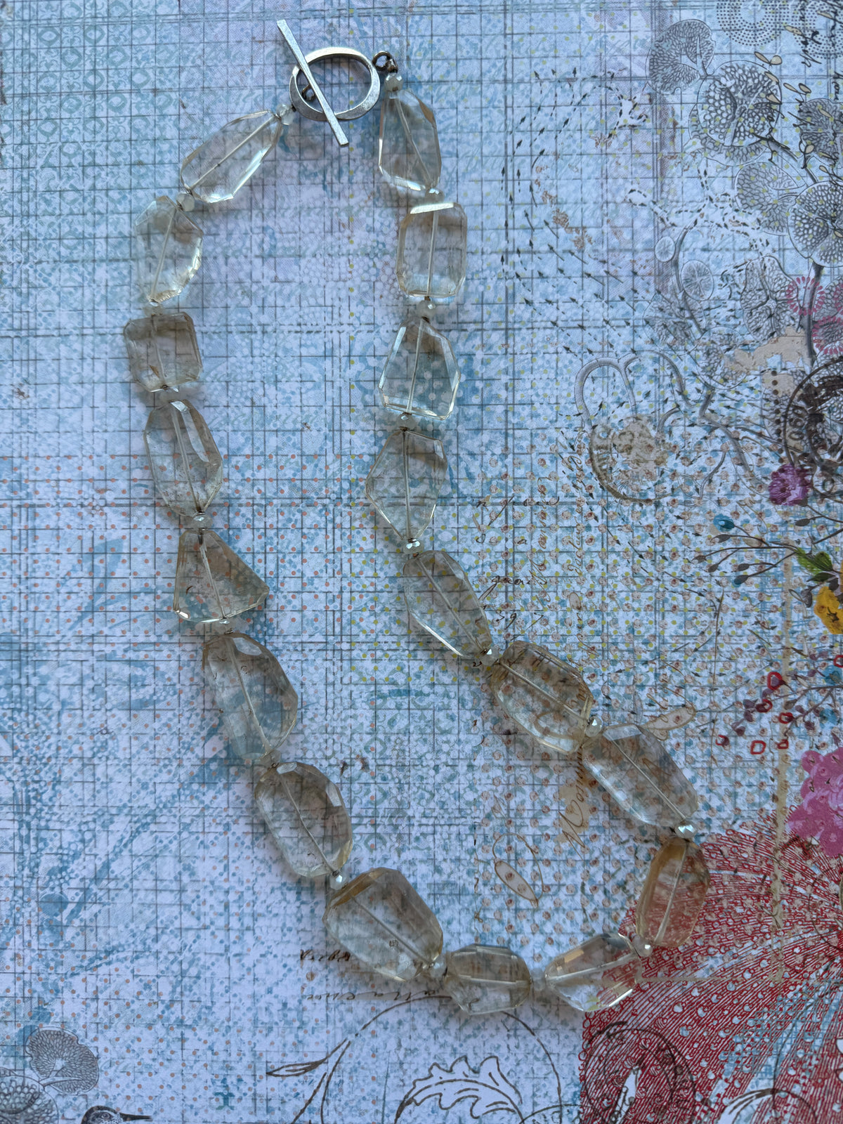 Clear quartz necklace with faceted moonstone spacers fine silver toggle.