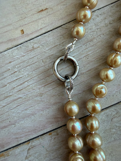 Champagne pearls with fine silver spacers and removable sterling tassel necklace.