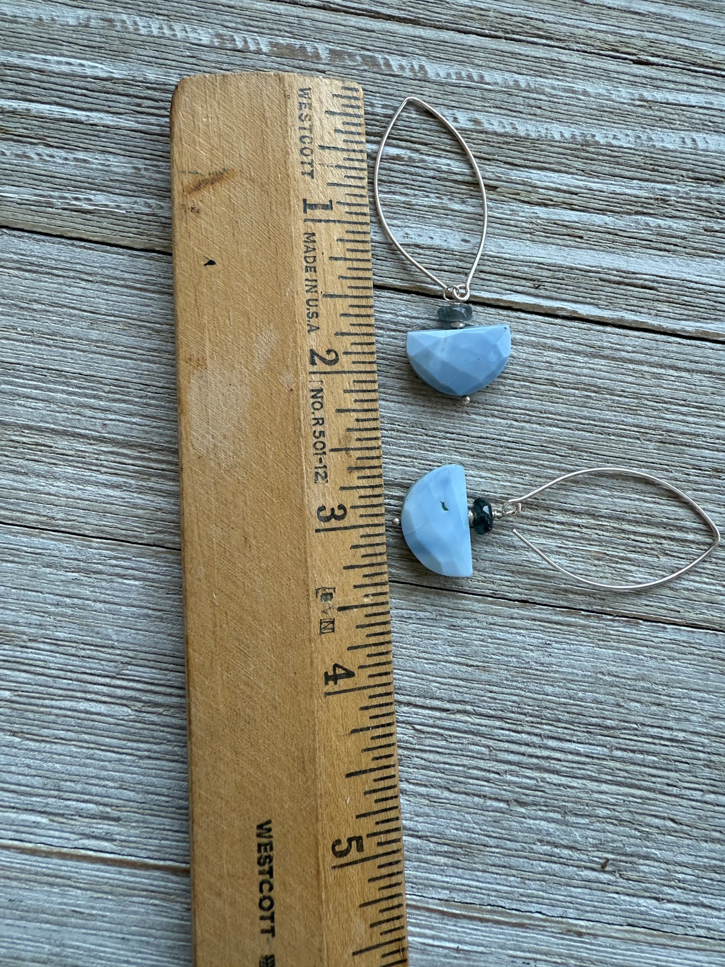 African Opal half moon and iolite earrings. Sterling earwire.