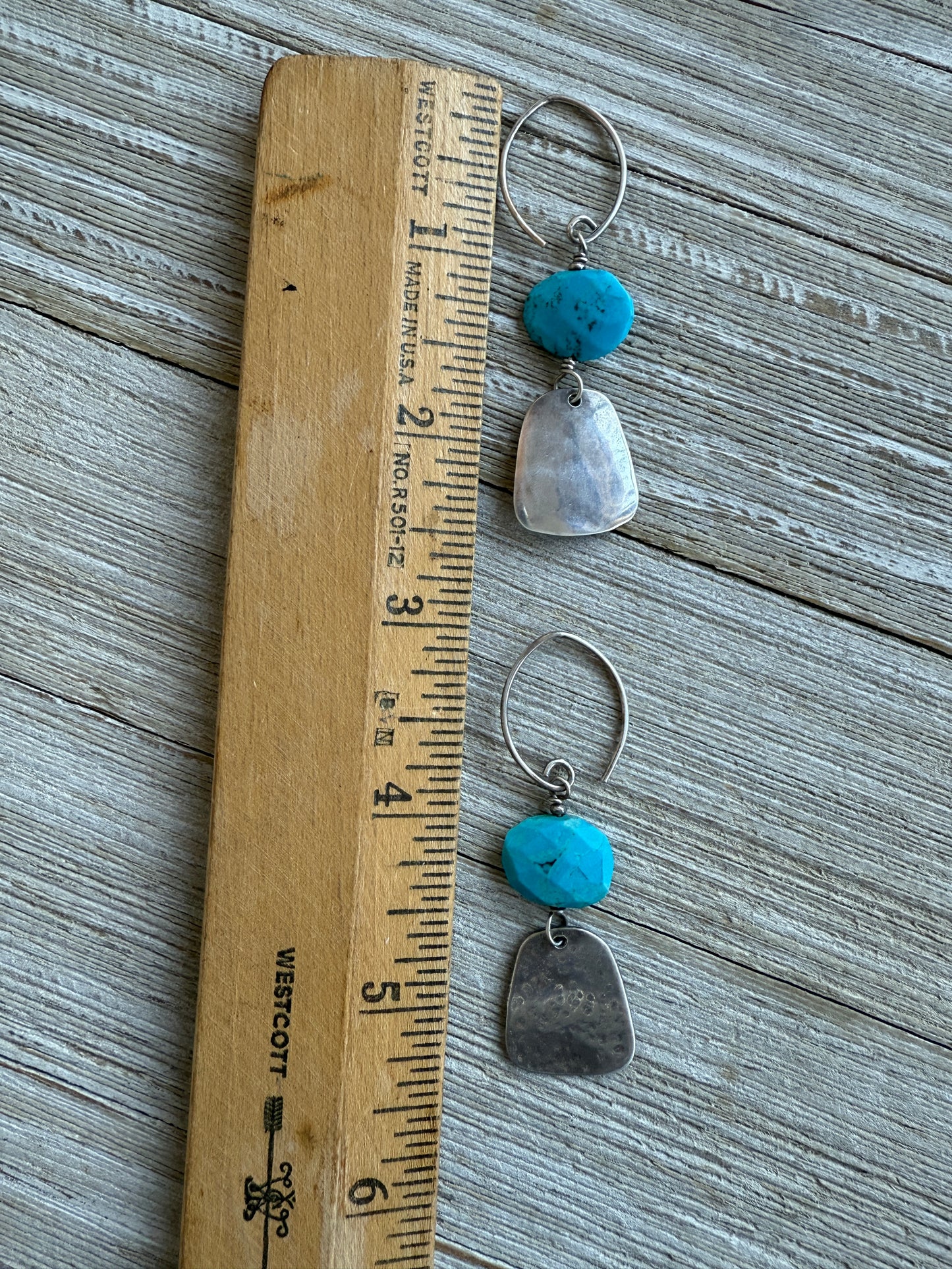 Faceted turquoise on sterling silver paddles earrings. Pure silver ear wires.