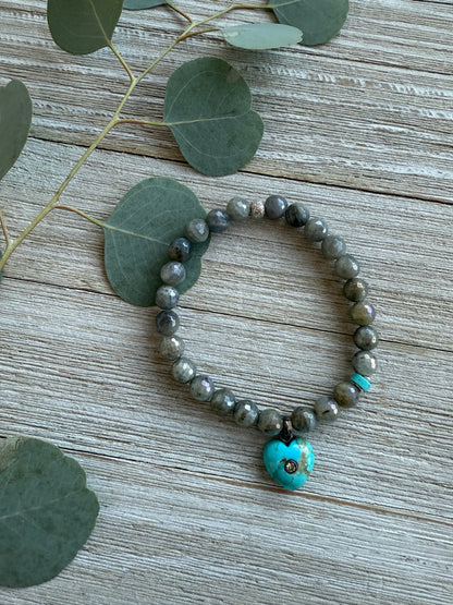 Faceted labradorite stacker bracelet with diamond inset on turquoise heart. 7.5”