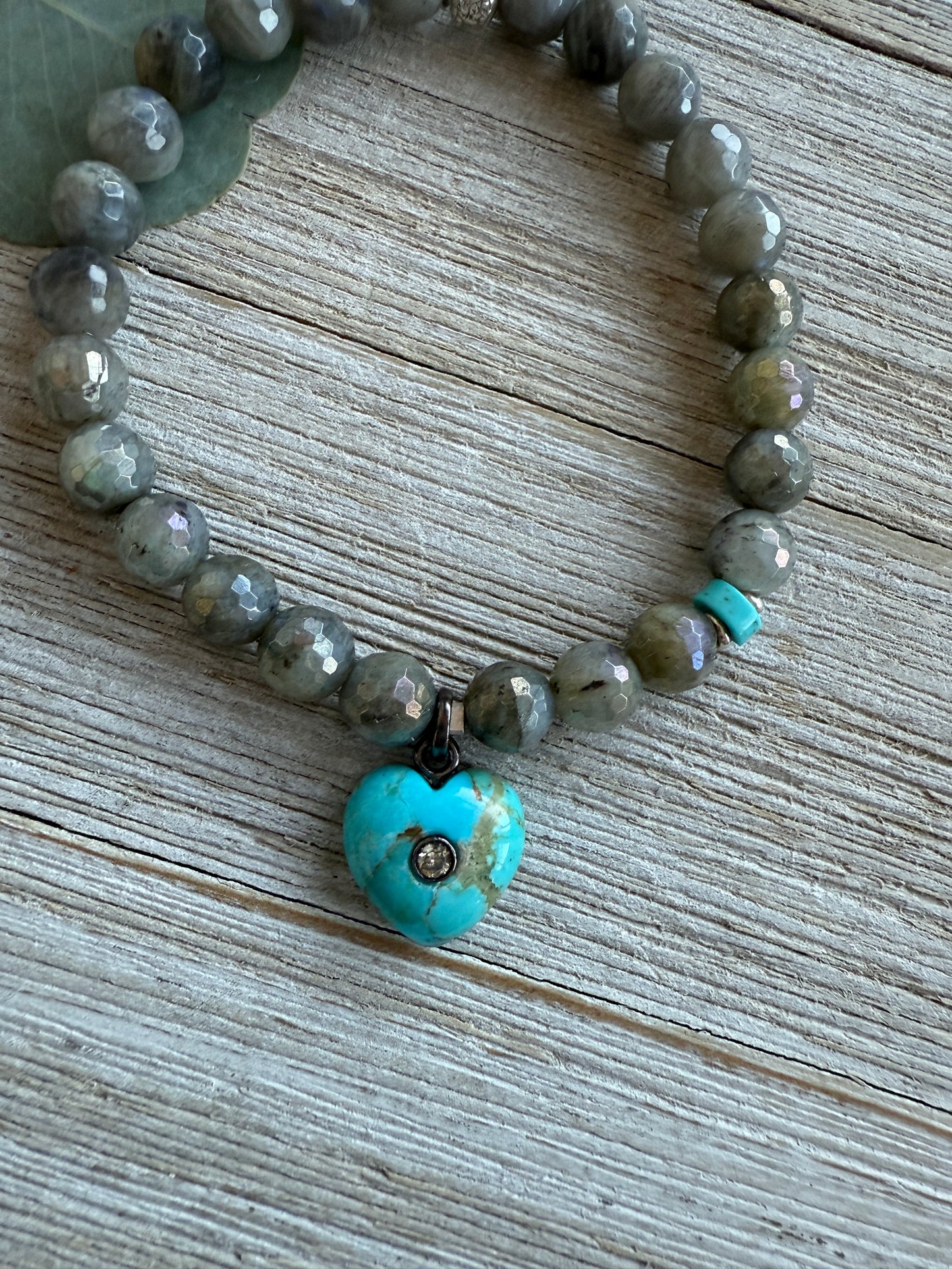 Faceted labradorite stacker bracelet with diamond inset on turquoise heart. 7.5”