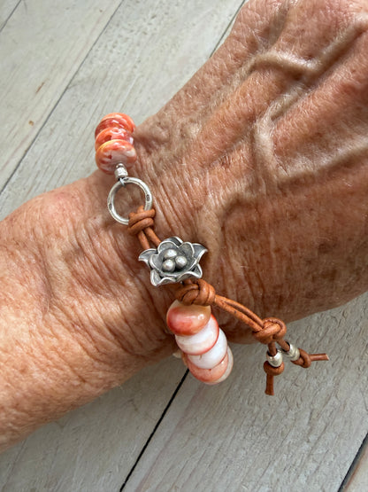Spiny oyster, turquoise, fine silver and leather bracelet.