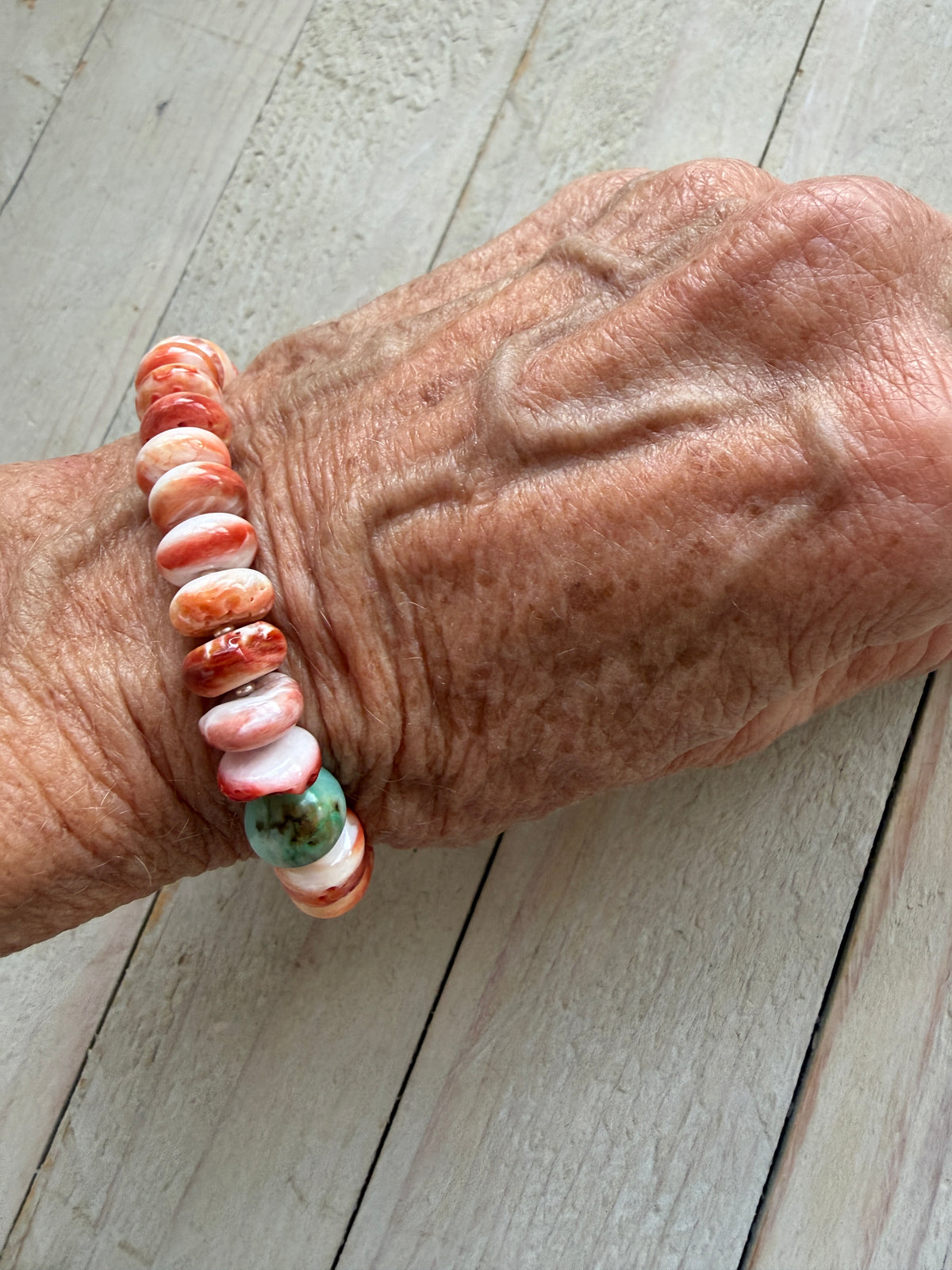 Spiny oyster, turquoise, fine silver and leather bracelet.