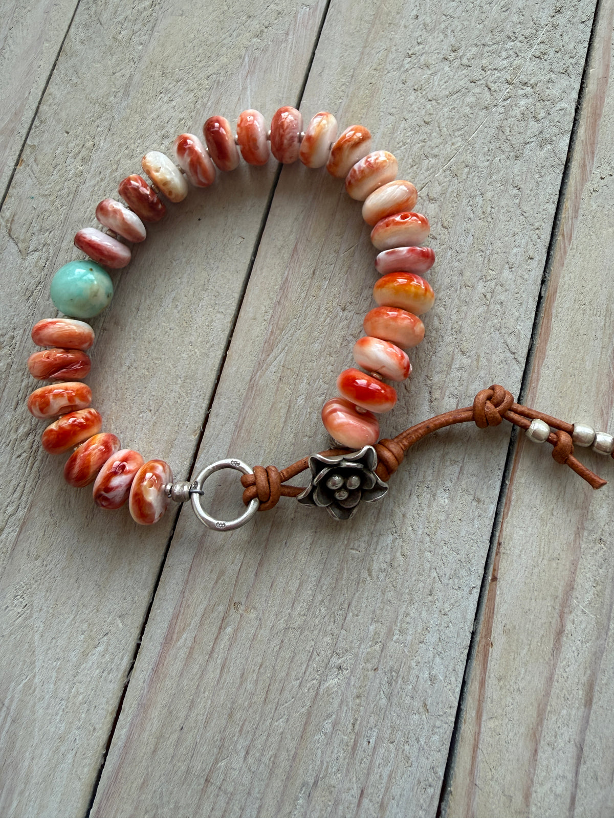 Spiny oyster, turquoise, fine silver and leather bracelet.