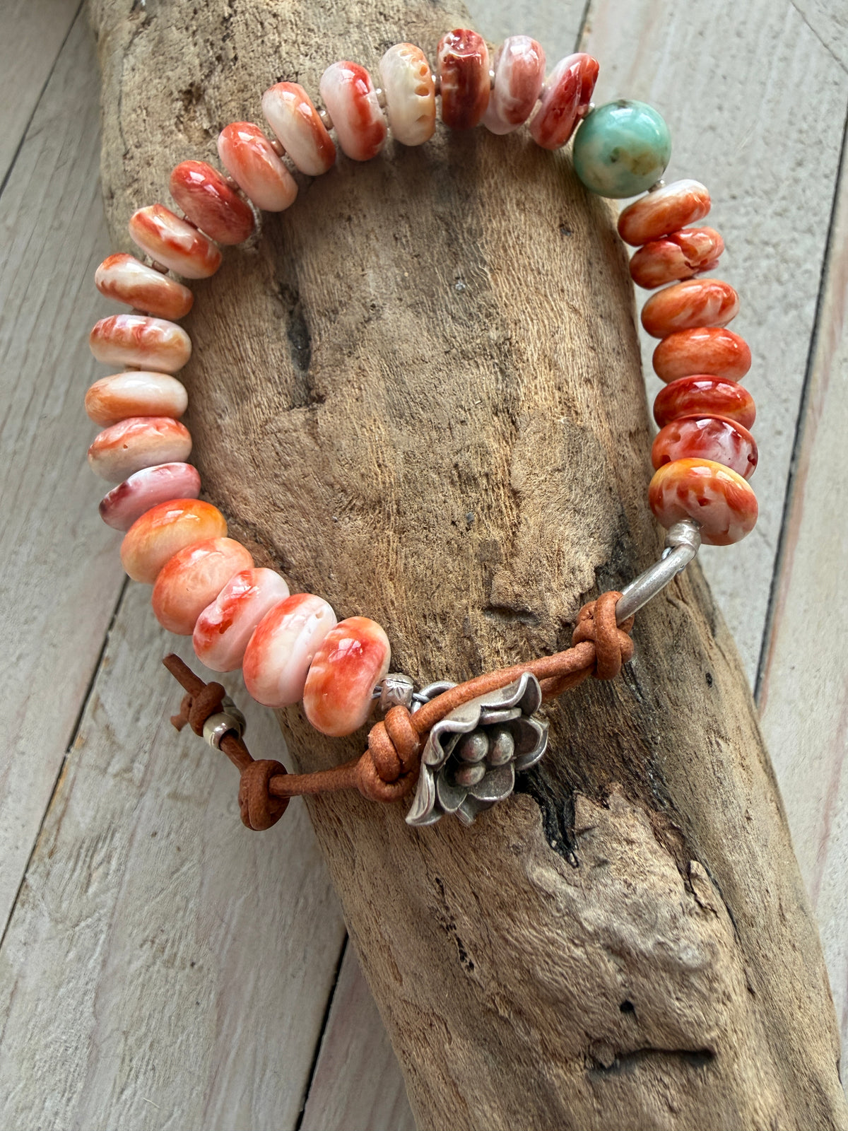 Spiny oyster, turquoise, fine silver and leather bracelet.