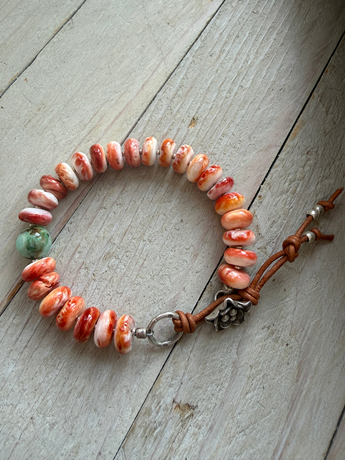Spiny oyster, turquoise, fine silver and leather bracelet.