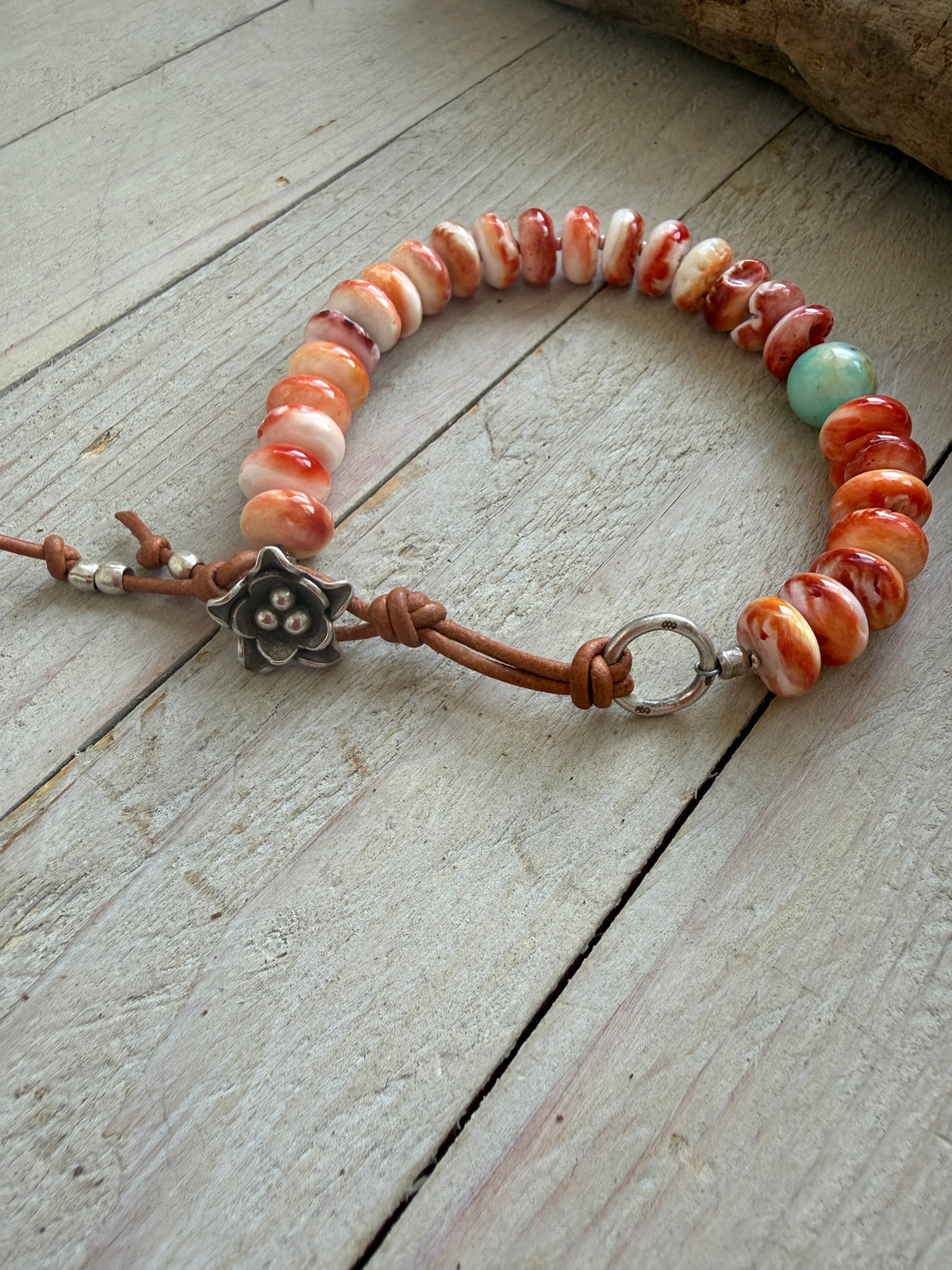 Spiny oyster, turquoise, fine silver and leather bracelet.
