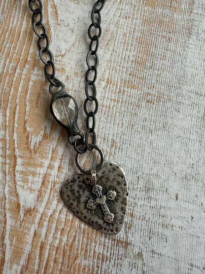 Sterling silver heart with cross pendant on oxidized sterling chain with soldered crystal connector necklace. 17”