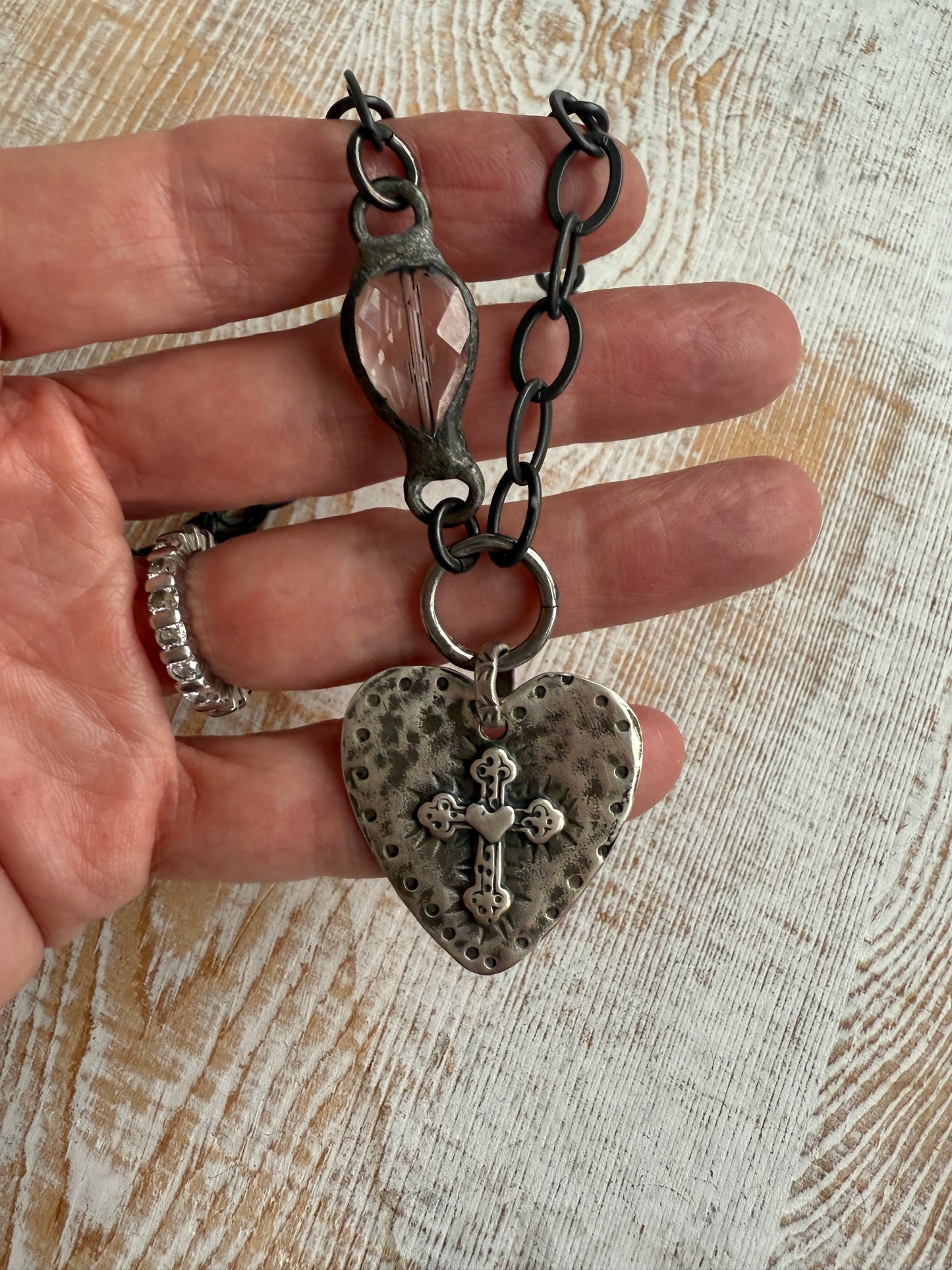 Sterling silver heart with cross pendant on oxidized sterling chain with soldered crystal connector necklace. 17”