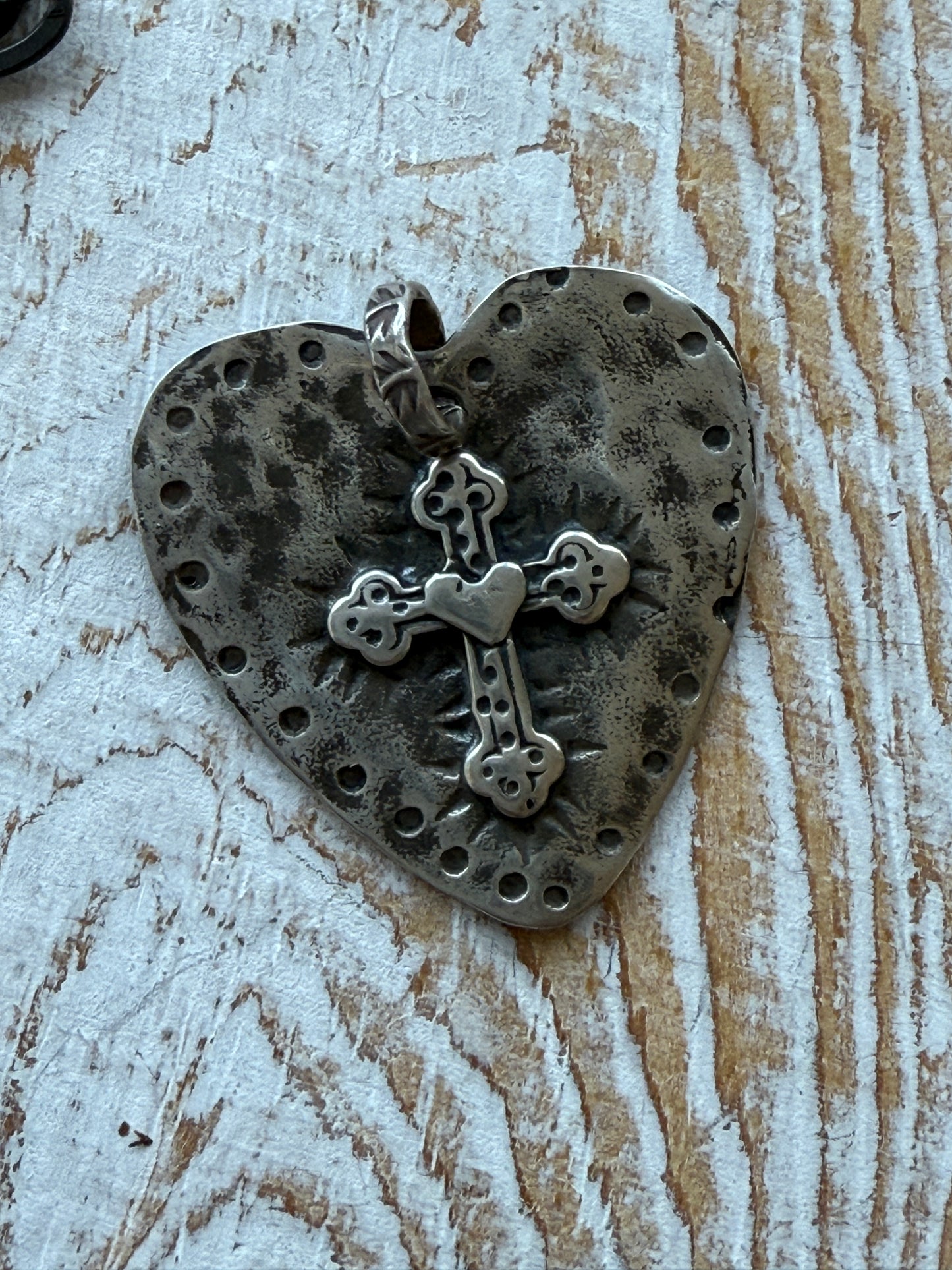 Sterling silver heart with cross pendant on oxidized sterling chain with soldered crystal connector necklace. 17”