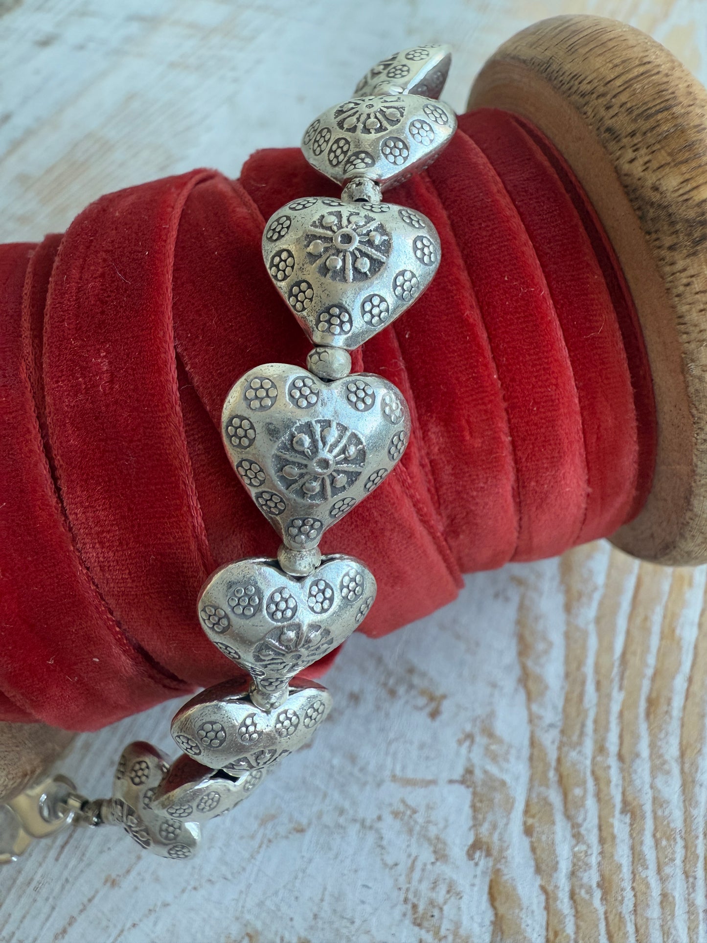 Fine silver stamped heart bracelet with extender chain. 7.5-8.5”