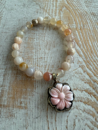 Cherry blossom agate beads with pink Peruvian Opal flower charm stack bracelet from Tibet. 7”