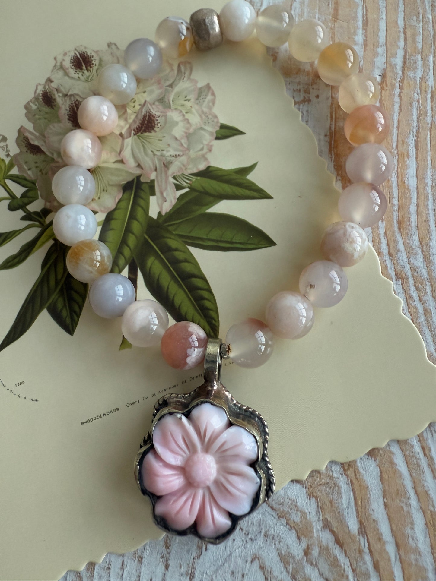 Cherry blossom agate beads with pink Peruvian Opal flower charm stack bracelet from Tibet. 7”