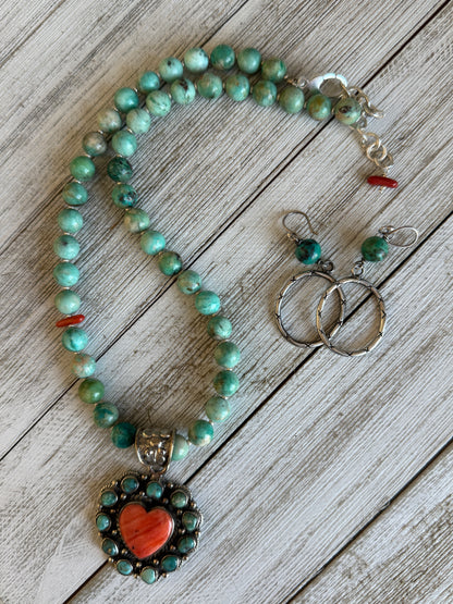 Spiny oyster and turquoise heart necklace. 17.5-19.5”.