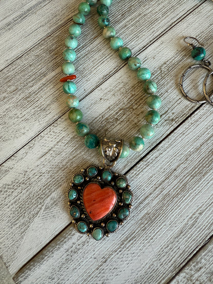 Spiny oyster and turquoise heart necklace. 17.5-19.5”.