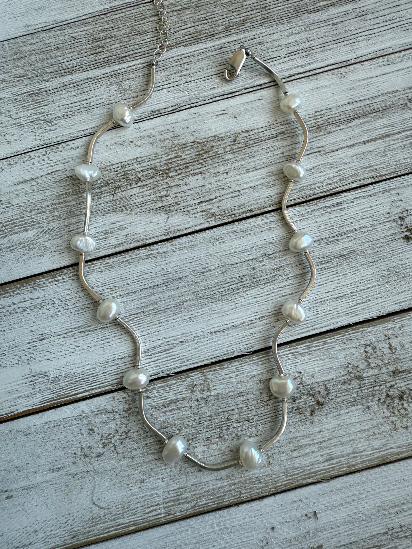 Fine silver noodle and pearl necklace.15.25-17”