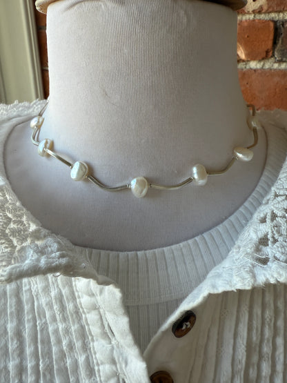 Fine silver noodle and pearl necklace.15.25-17”