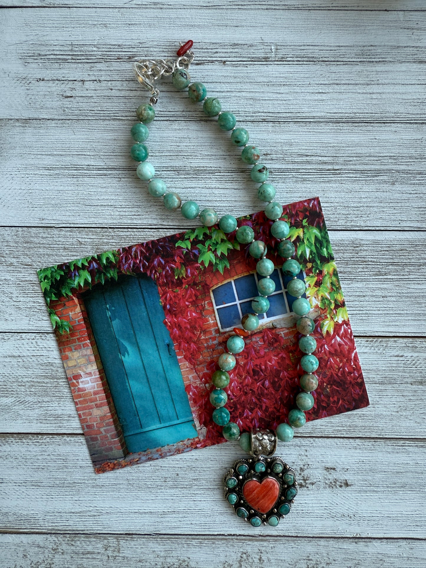 Spiny oyster and turquoise heart necklace. 17.5-19.5”.