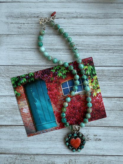 Spiny oyster and turquoise heart necklace. 17.5-19.5”.