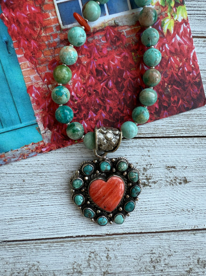 Spiny oyster and turquoise heart necklace. 17.5-19.5”.
