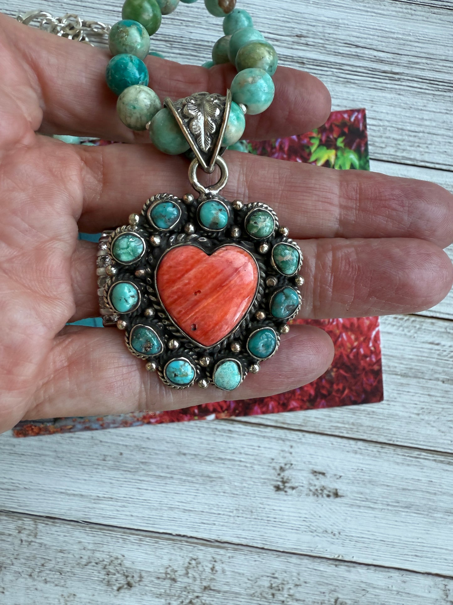 Spiny oyster and turquoise heart necklace. 17.5-19.5”.