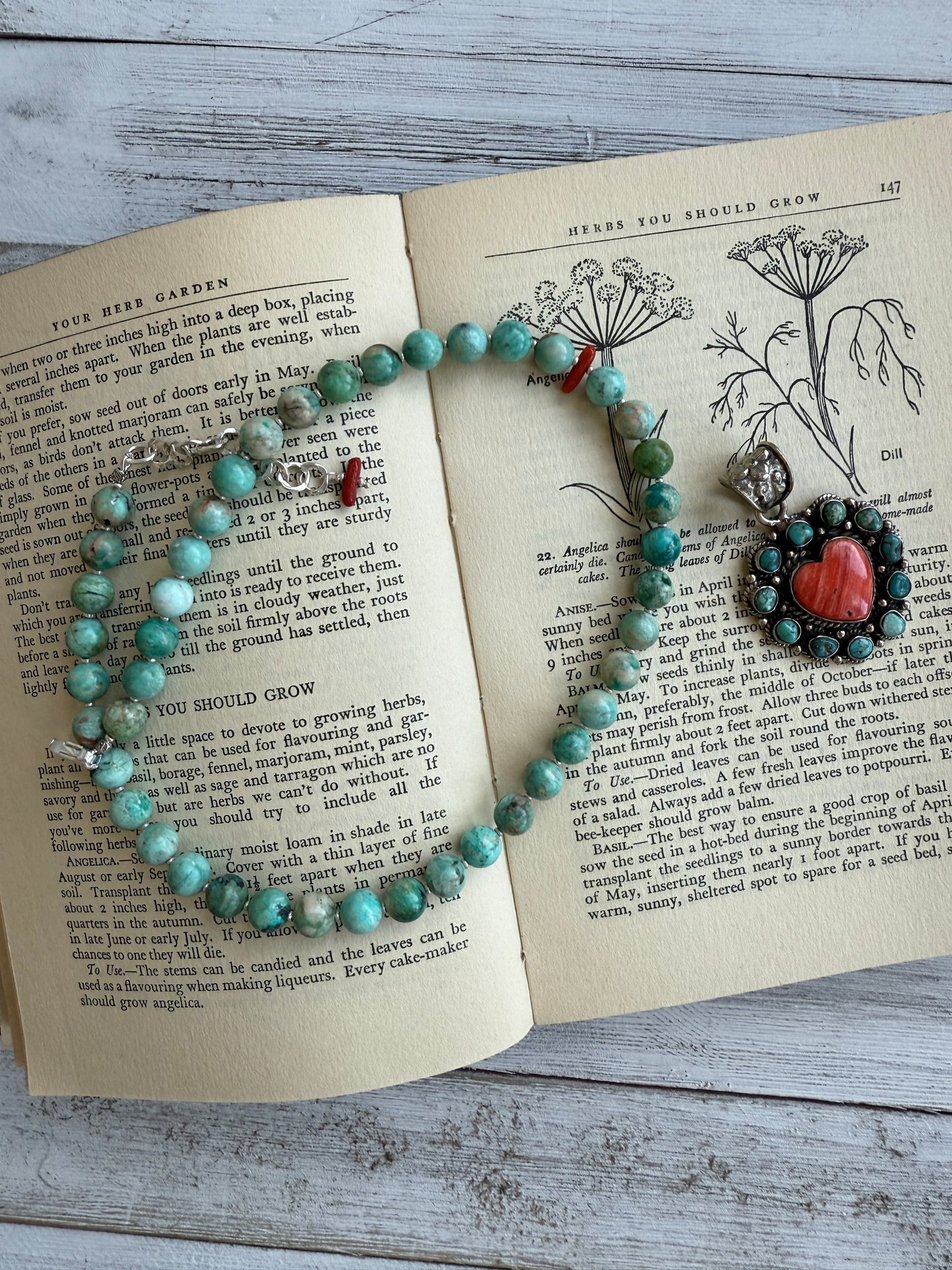 Spiny oyster and turquoise heart necklace. 17.5-19.5”.