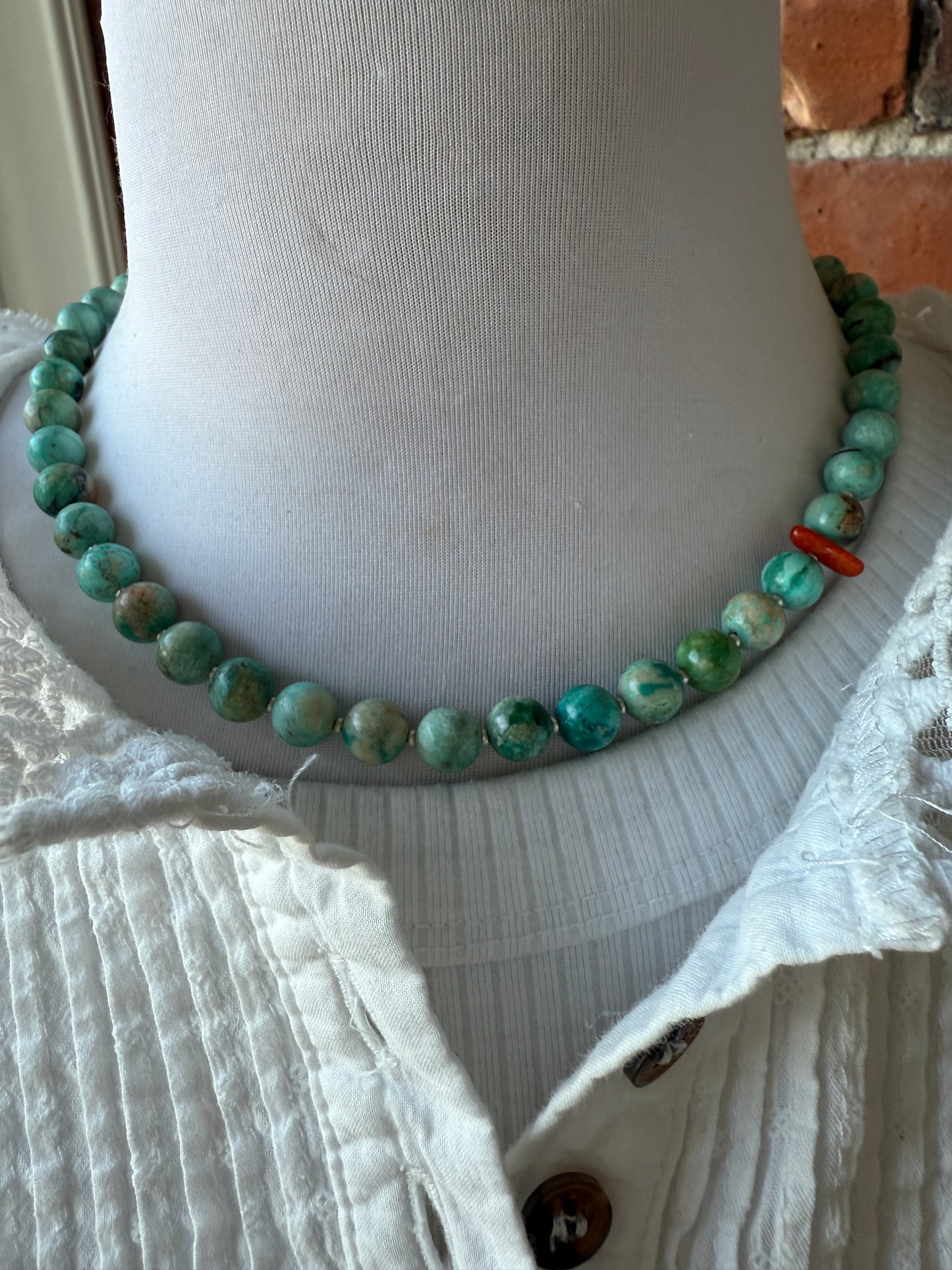 Spiny oyster and turquoise heart necklace. 17.5-19.5”.