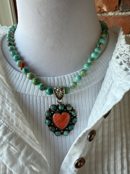 Spiny oyster and turquoise heart necklace. 17.5-19.5”.